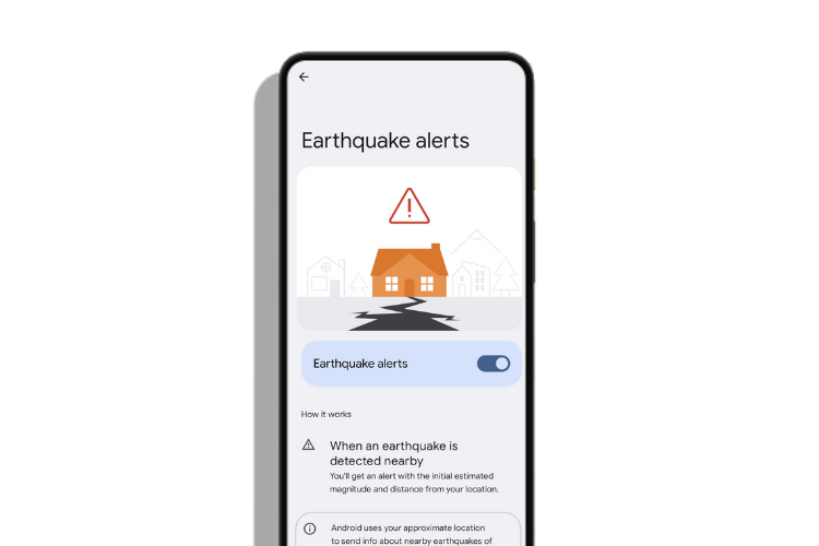 Imagen de un teléfono con la utilidad "alerta de terremotos" de Google en Android.