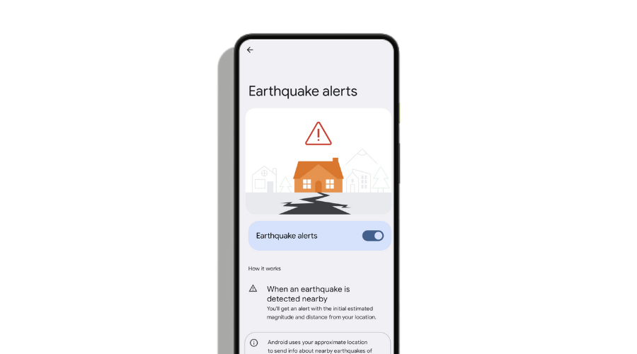 Imagen de un teléfono con la utilidad "alerta de terremotos" de Google en Android.