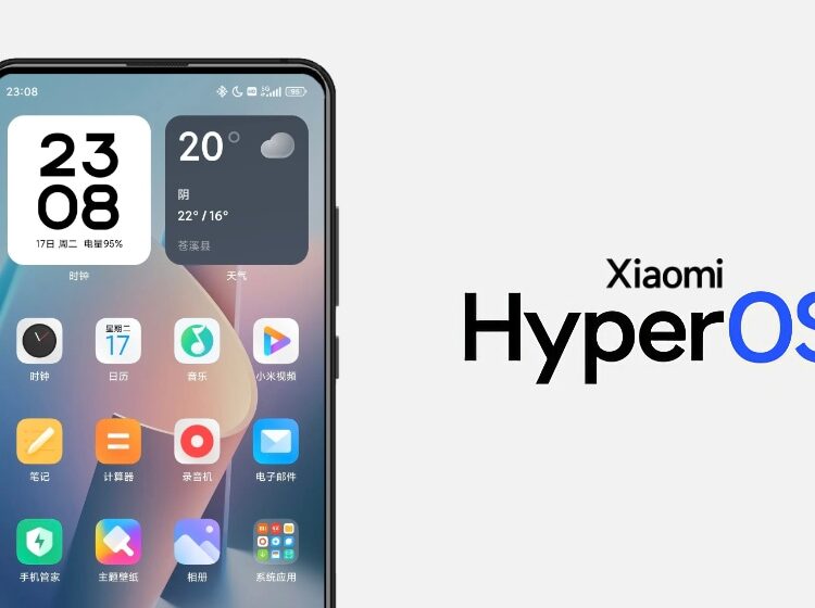 Imagen de Xiaomi HyperOS, con un teléfono que muestra la pantalla de inicio del nuevo sistema operativo.