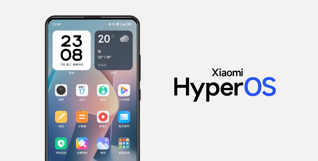 Imagen de Xiaomi HyperOS, con un teléfono que muestra la pantalla de inicio del nuevo sistema operativo.