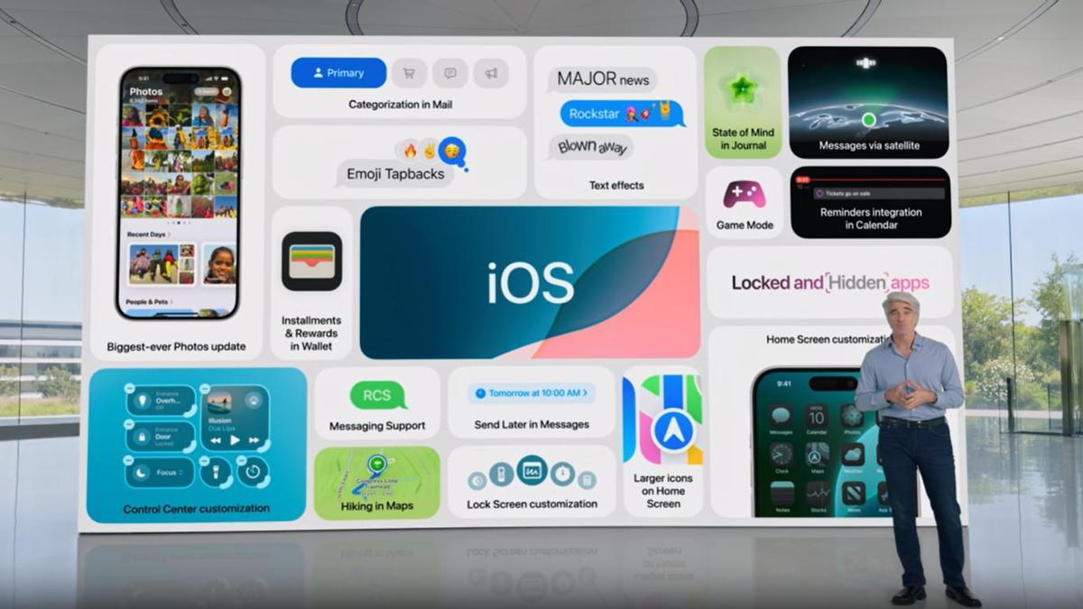 Imagen con las principales funcionalidades de iOS 18 junto a Craig Federighi